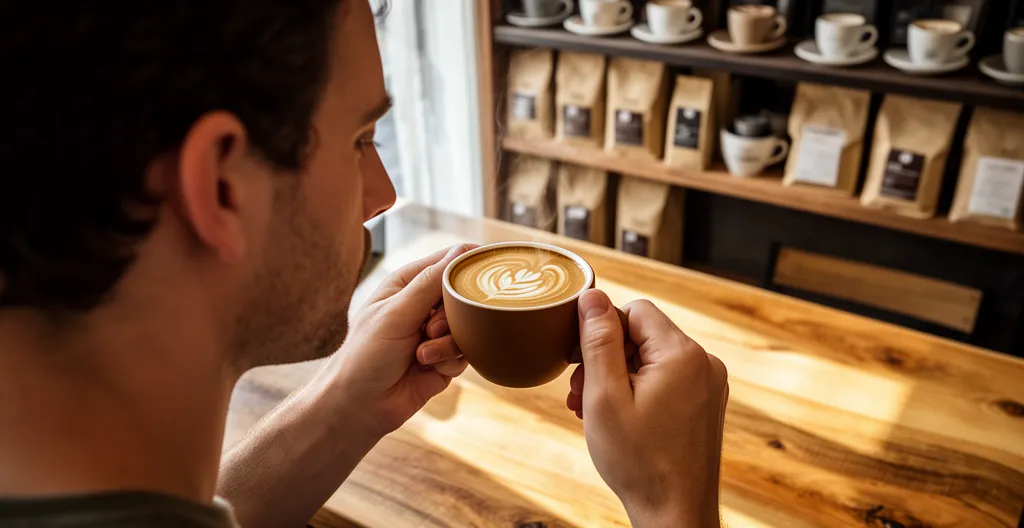 Personne dégustant un café de spécialité biologique vue par-dessus l'épaule