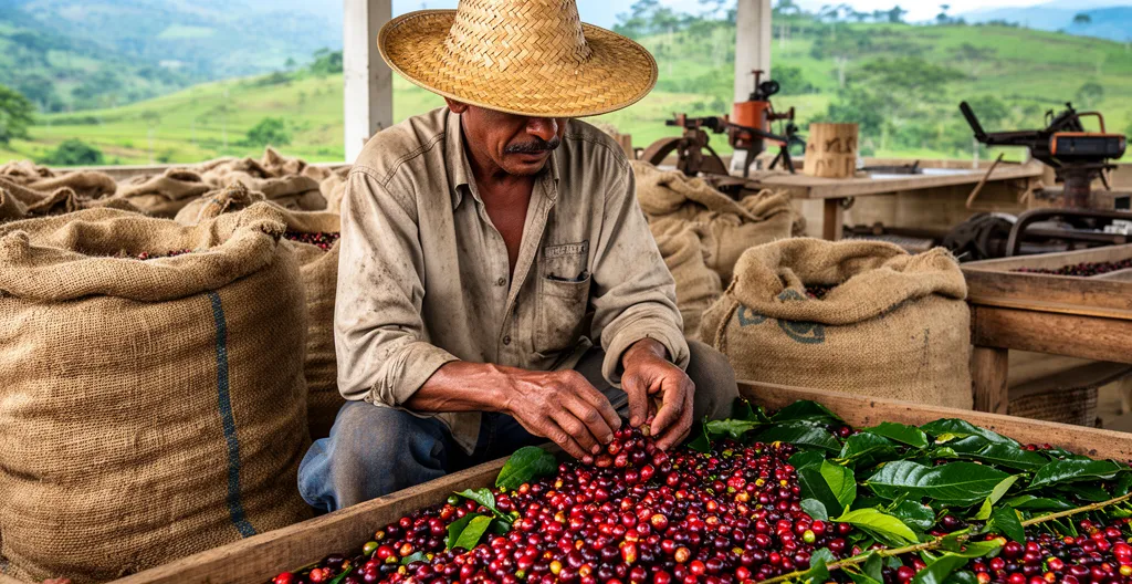Producteur de café triant des cerises dans un environnement de coopérative authentique