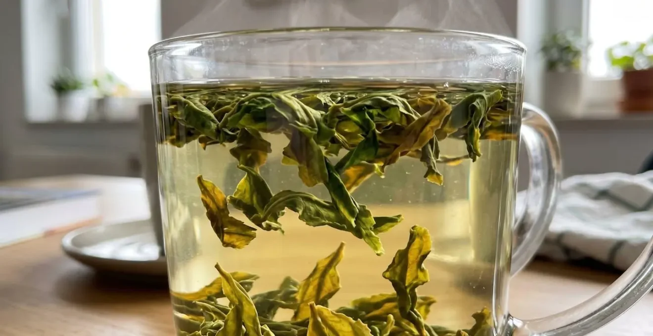 Gros plan sur des feuilles de thé vert en suspension dans l'eau chaude avec des volutes de vapeur délicates en arrière-plan