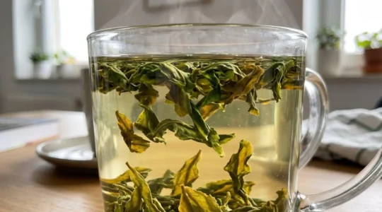 Gros plan sur des feuilles de thé vert en suspension dans l'eau chaude avec des volutes de vapeur délicates en arrière-plan