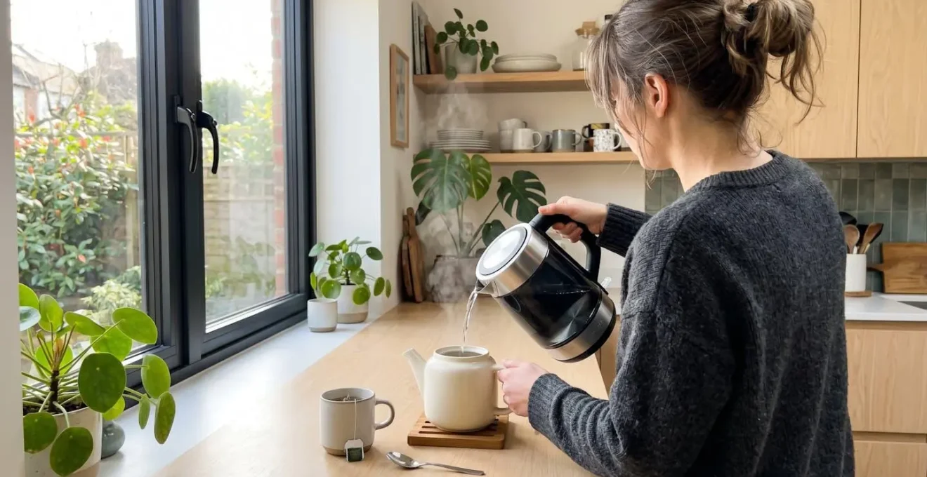 Plan moyen montrant les mains d'une personne versant de l'eau chaude dans une théière posée sur un plan de travail moderne
